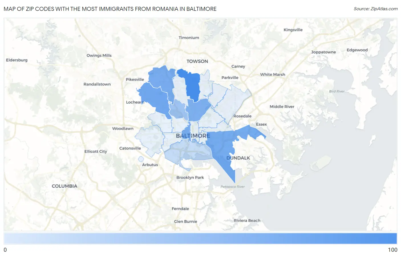 Zip Codes with the Most Immigrants from Romania in Baltimore Map