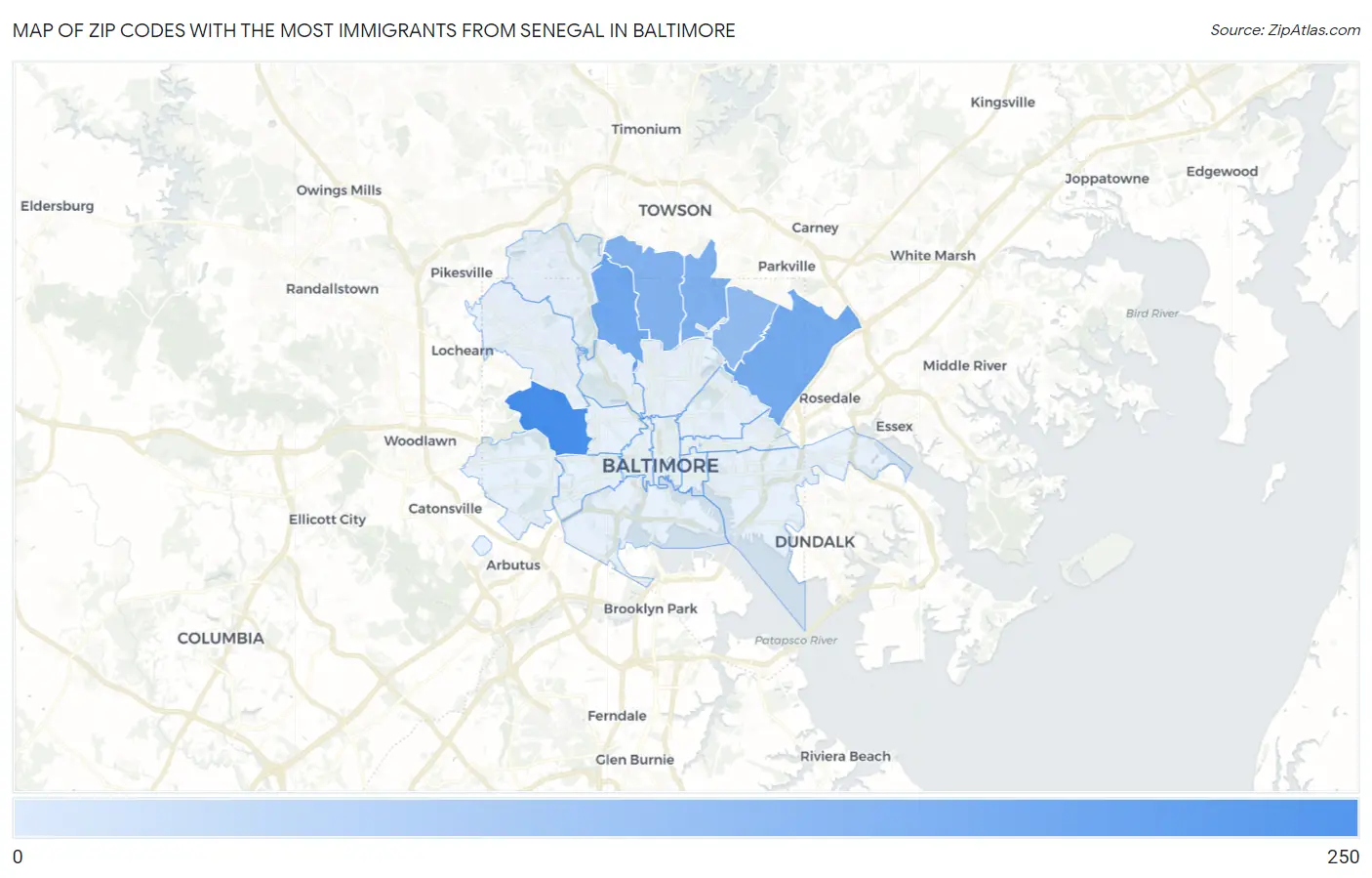 Zip Codes with the Most Immigrants from Senegal in Baltimore Map
