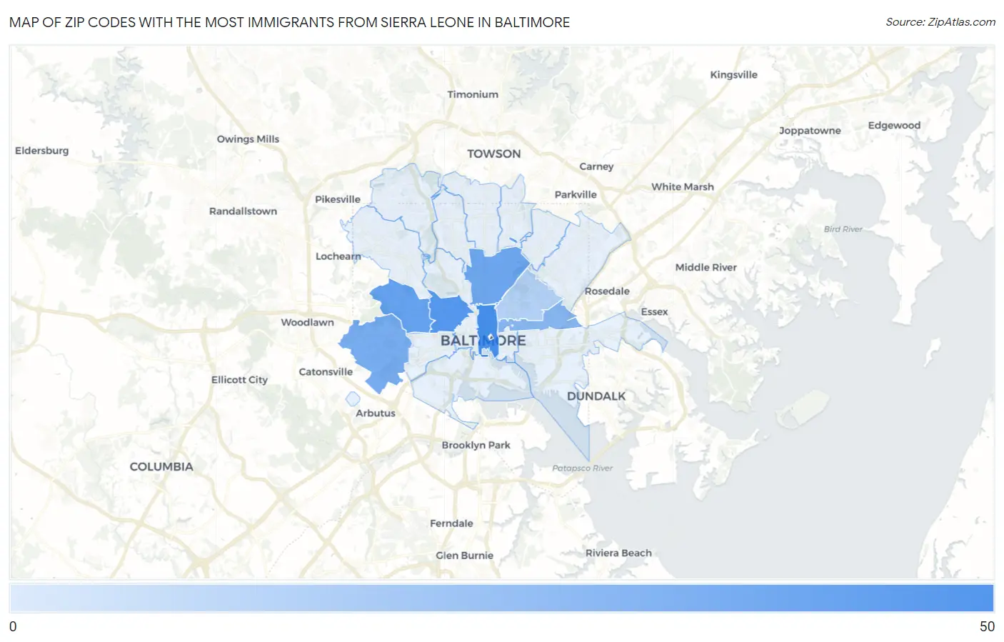 Zip Codes with the Most Immigrants from Sierra Leone in Baltimore Map
