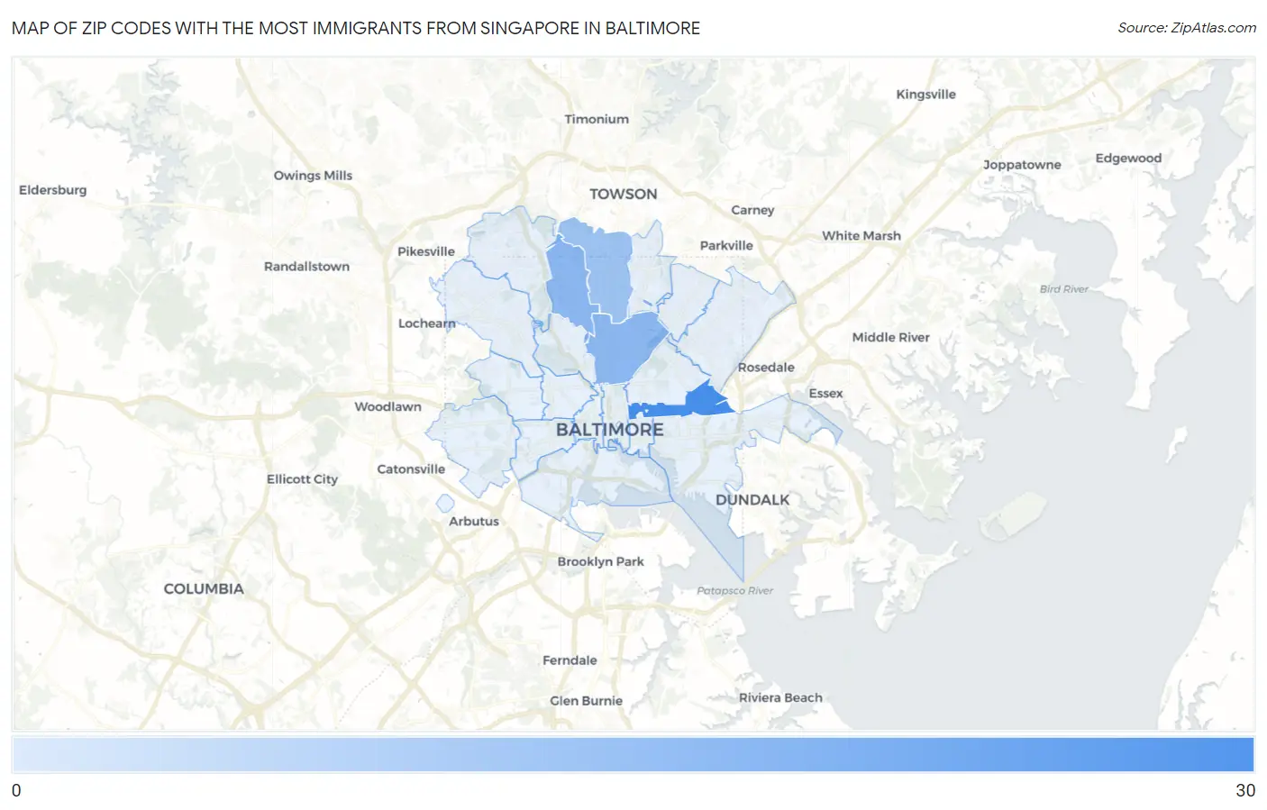 Zip Codes with the Most Immigrants from Singapore in Baltimore Map