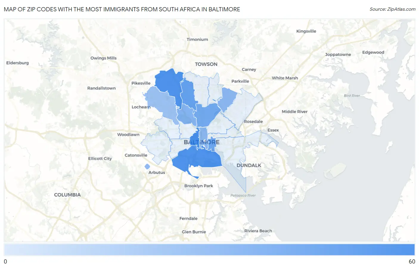 Zip Codes with the Most Immigrants from South Africa in Baltimore Map