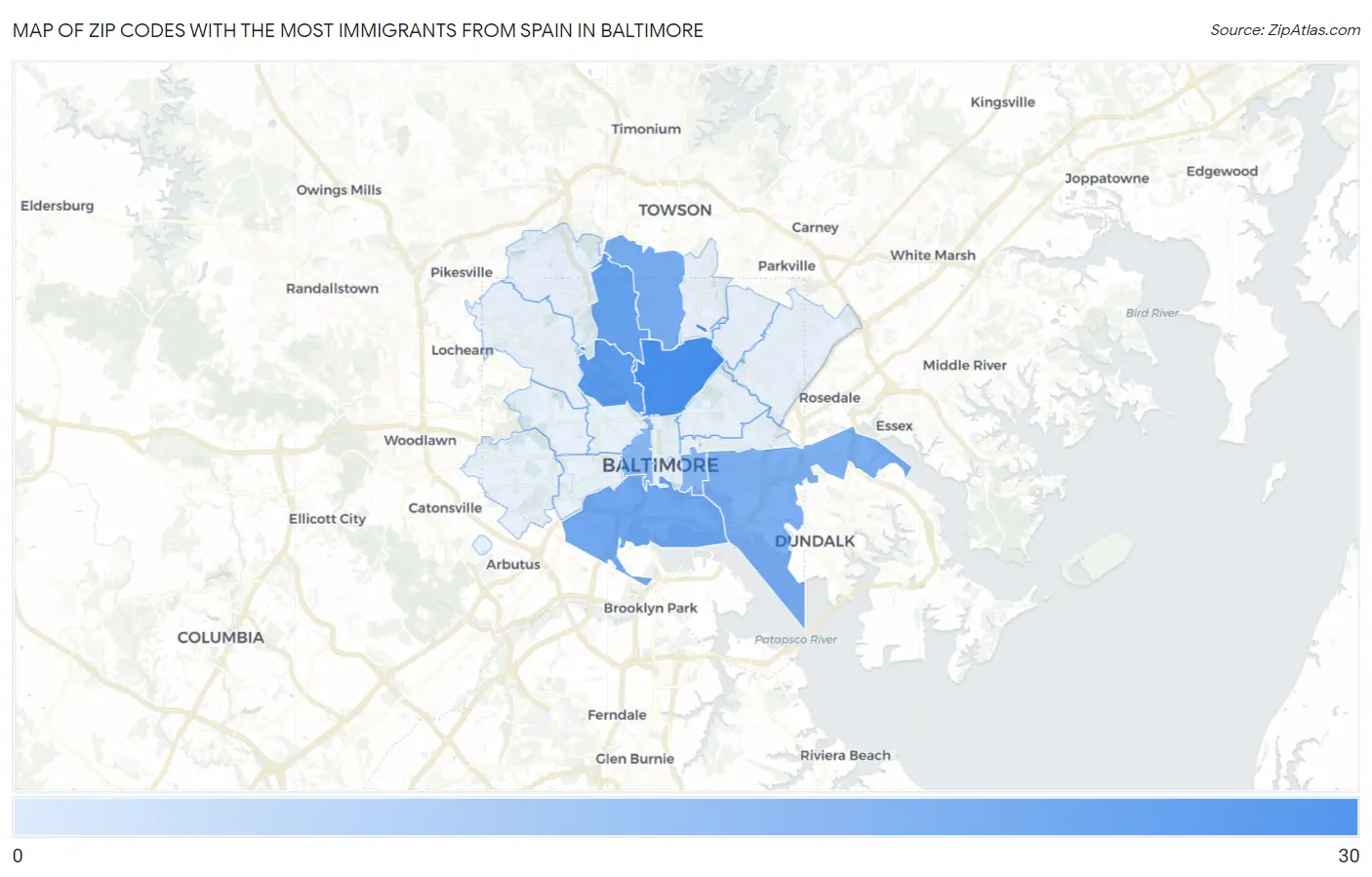 Zip Codes with the Most Immigrants from Spain in Baltimore Map