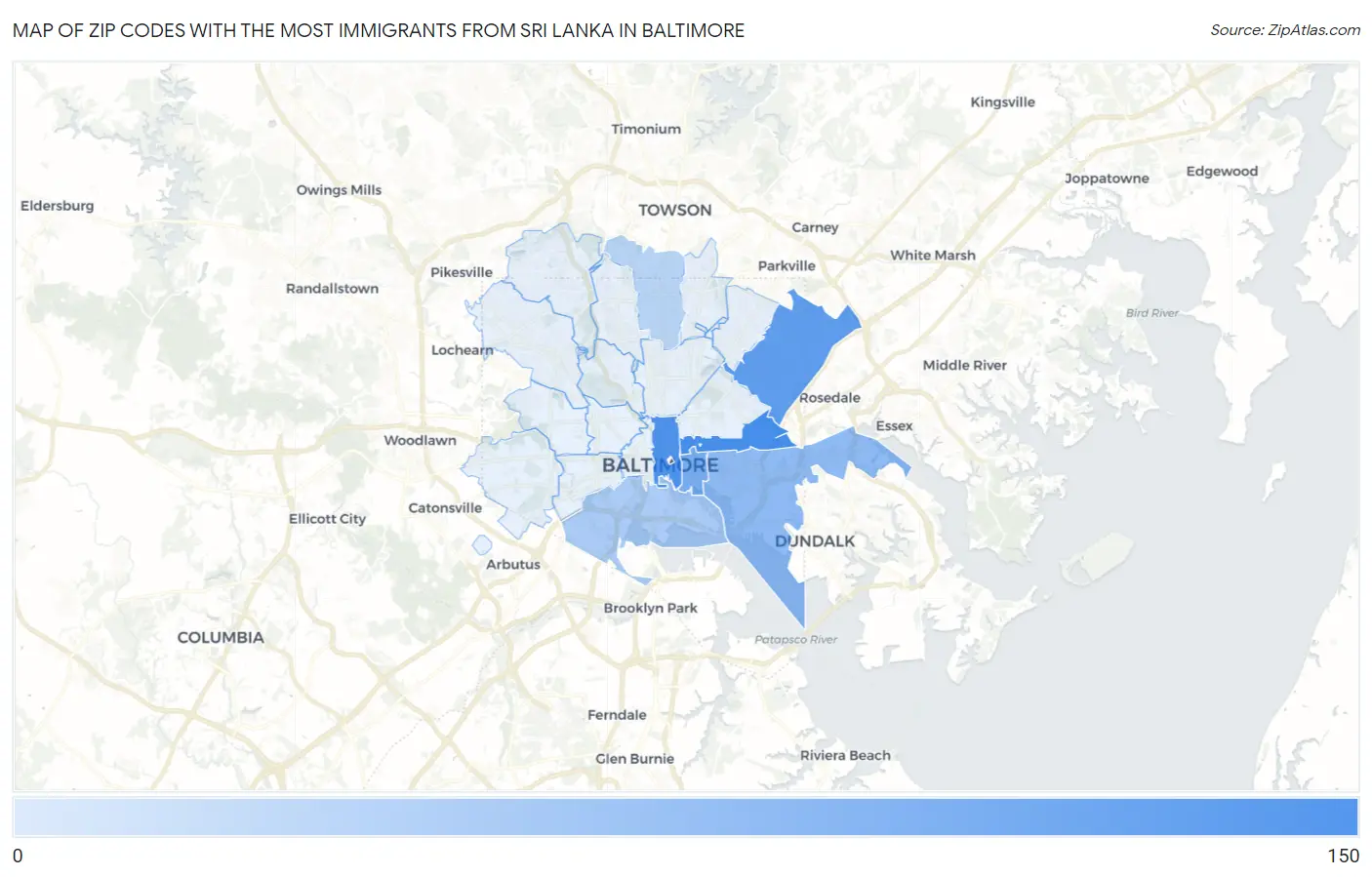 Zip Codes with the Most Immigrants from Sri Lanka in Baltimore Map