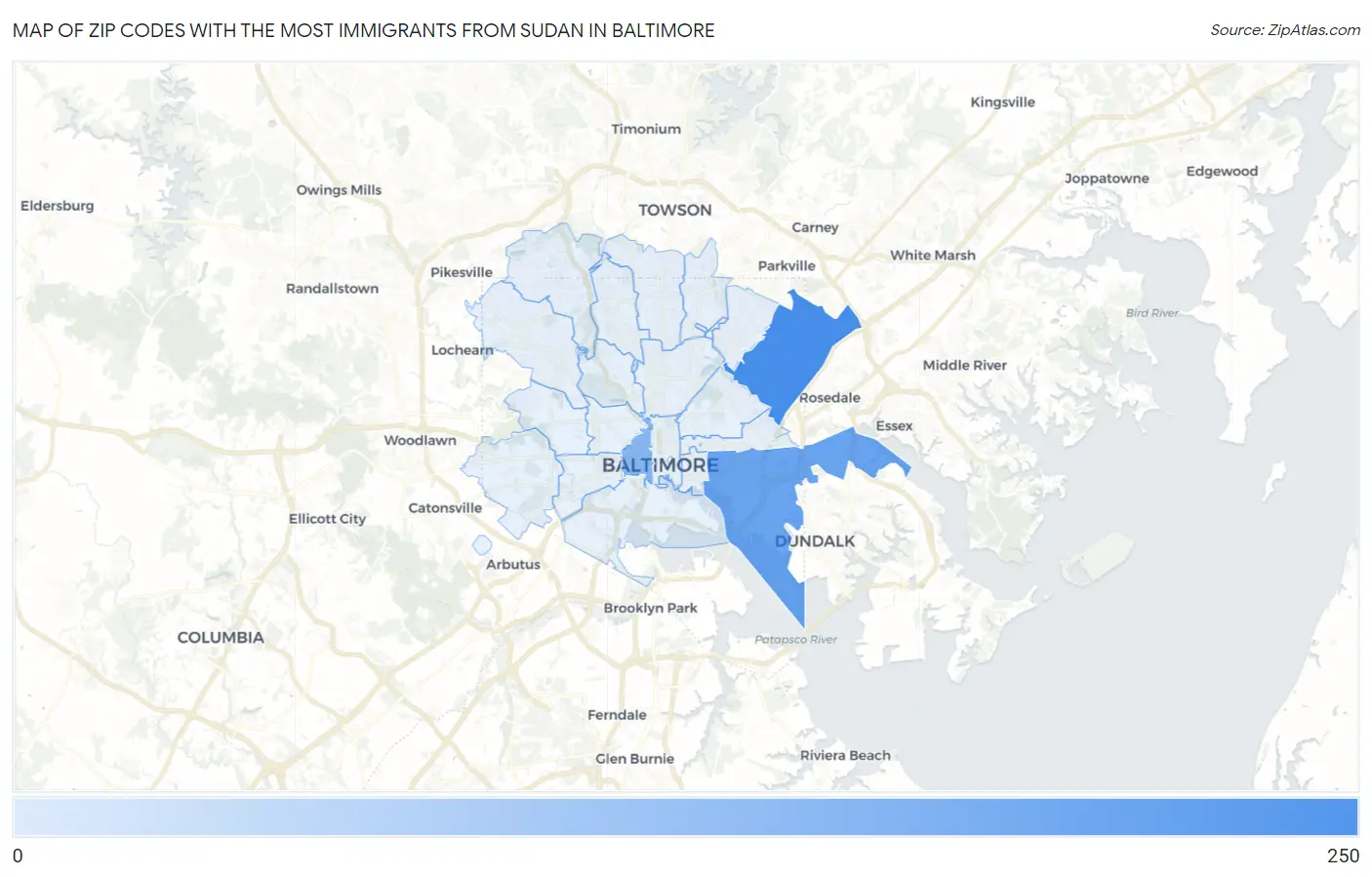 Zip Codes with the Most Immigrants from Sudan in Baltimore Map