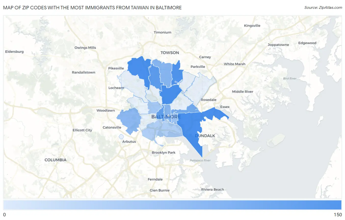 Zip Codes with the Most Immigrants from Taiwan in Baltimore Map