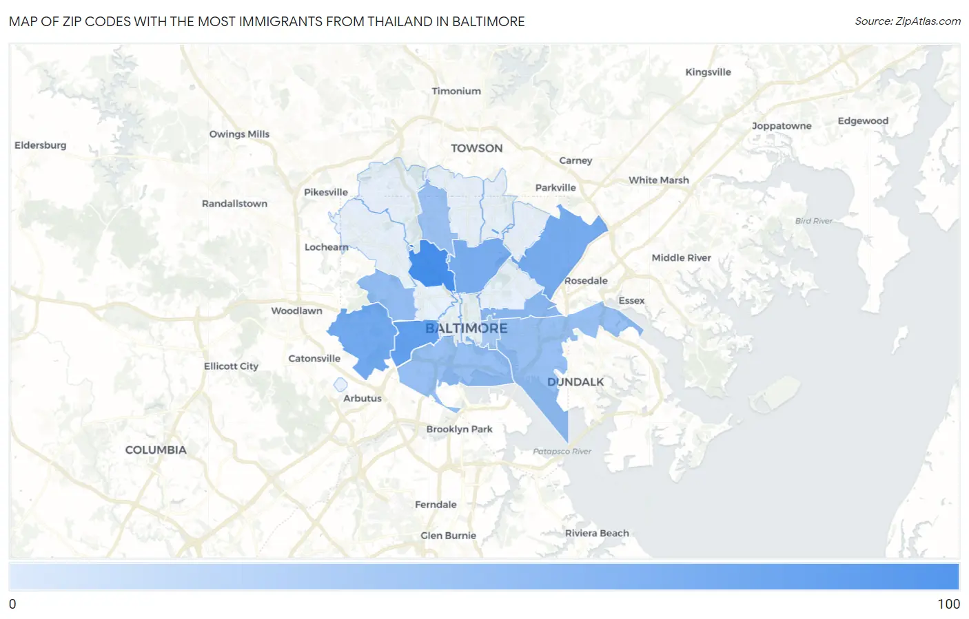 Zip Codes with the Most Immigrants from Thailand in Baltimore Map