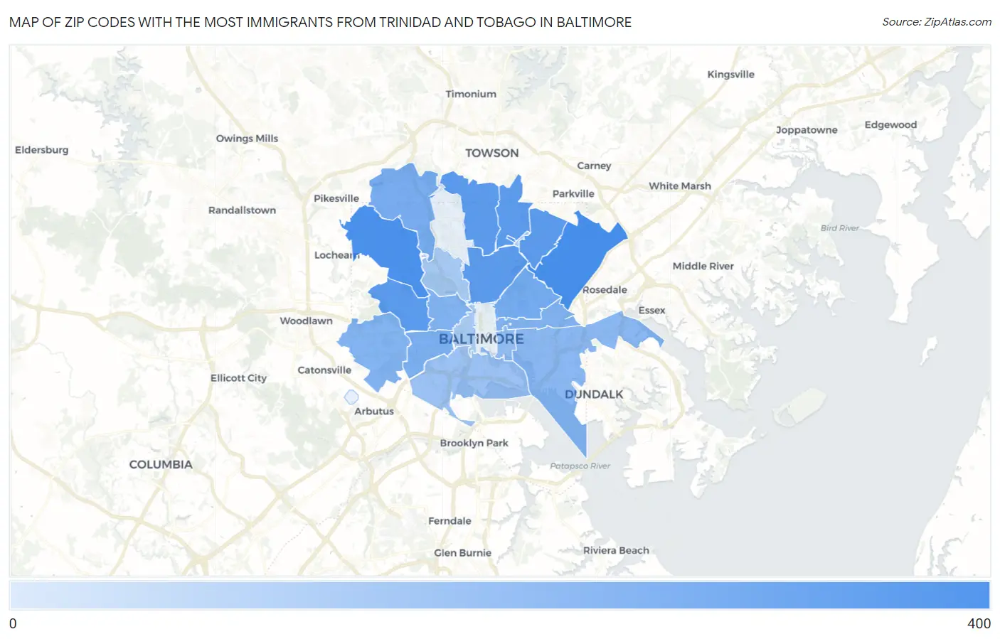 Zip Codes with the Most Immigrants from Trinidad and Tobago in Baltimore Map