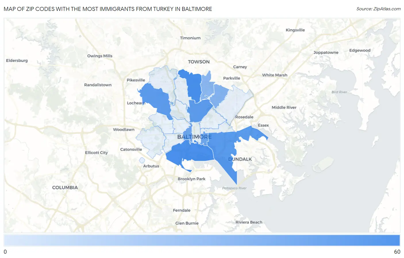 Zip Codes with the Most Immigrants from Turkey in Baltimore Map