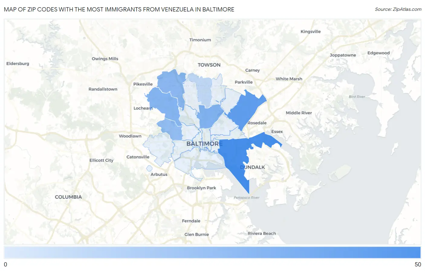 Zip Codes with the Most Immigrants from Venezuela in Baltimore Map