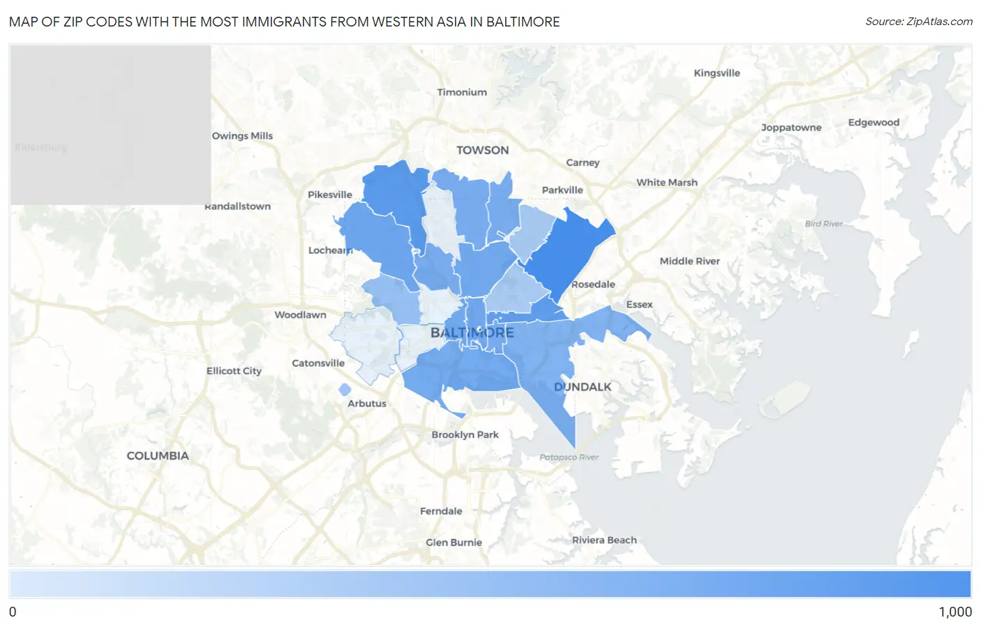 Zip Codes with the Most Immigrants from Western Asia in Baltimore Map