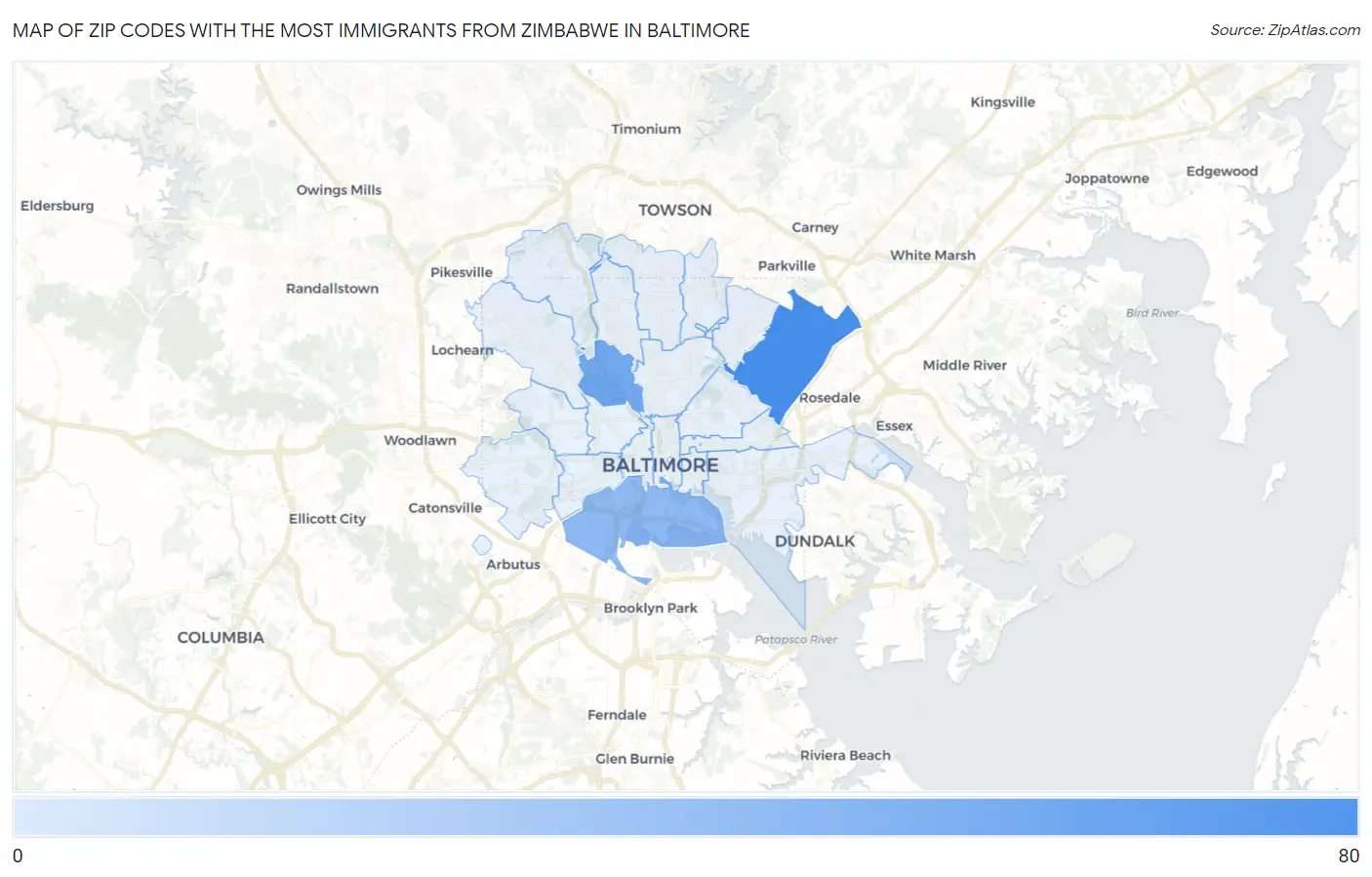 Zip Codes with the Most Immigrants from Zimbabwe in Baltimore Map