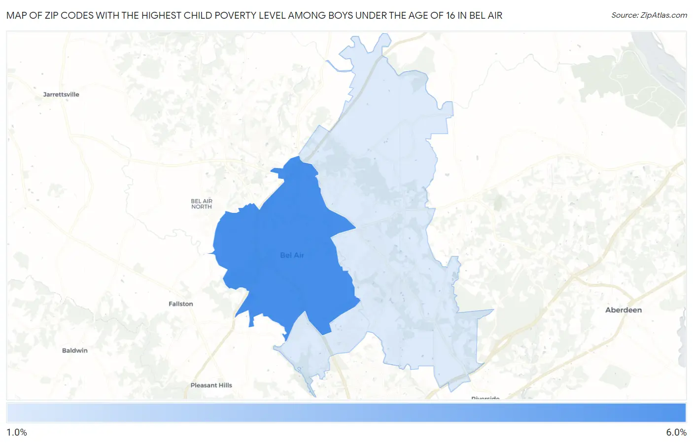 Zip Codes with the Highest Child Poverty Level Among Boys Under the Age of 16 in Bel Air Map