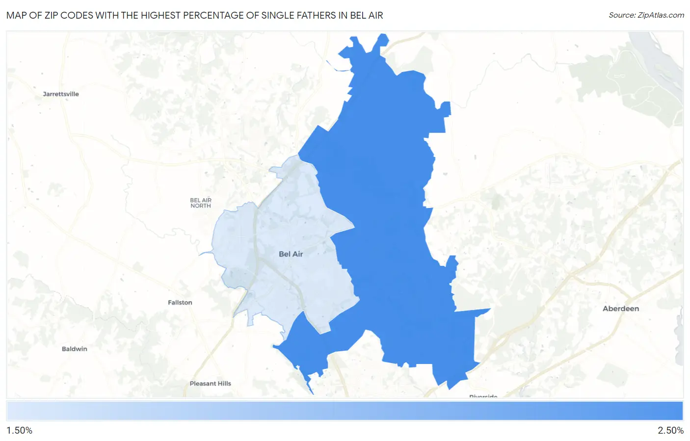 Zip Codes with the Highest Percentage of Single Fathers in Bel Air Map