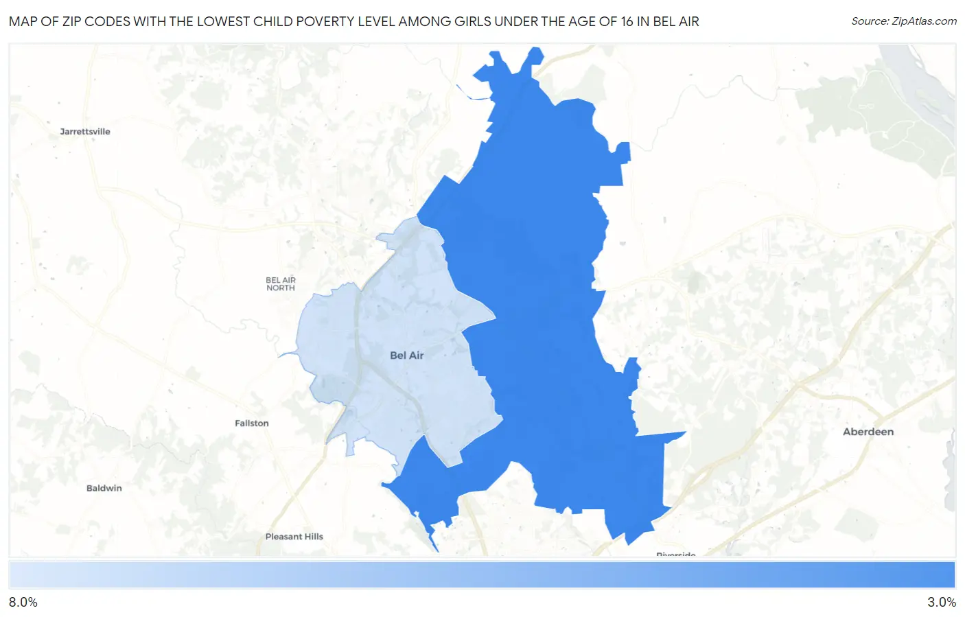 Zip Codes with the Lowest Child Poverty Level Among Girls Under the Age of 16 in Bel Air Map