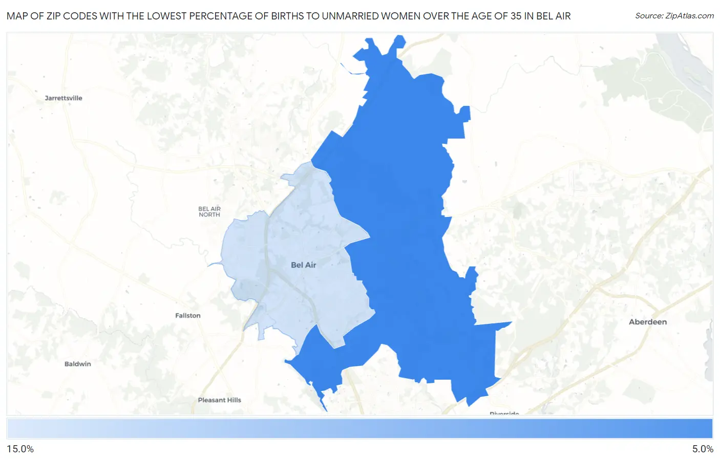 Zip Codes with the Lowest Percentage of Births to Unmarried Women over the Age of 35 in Bel Air Map