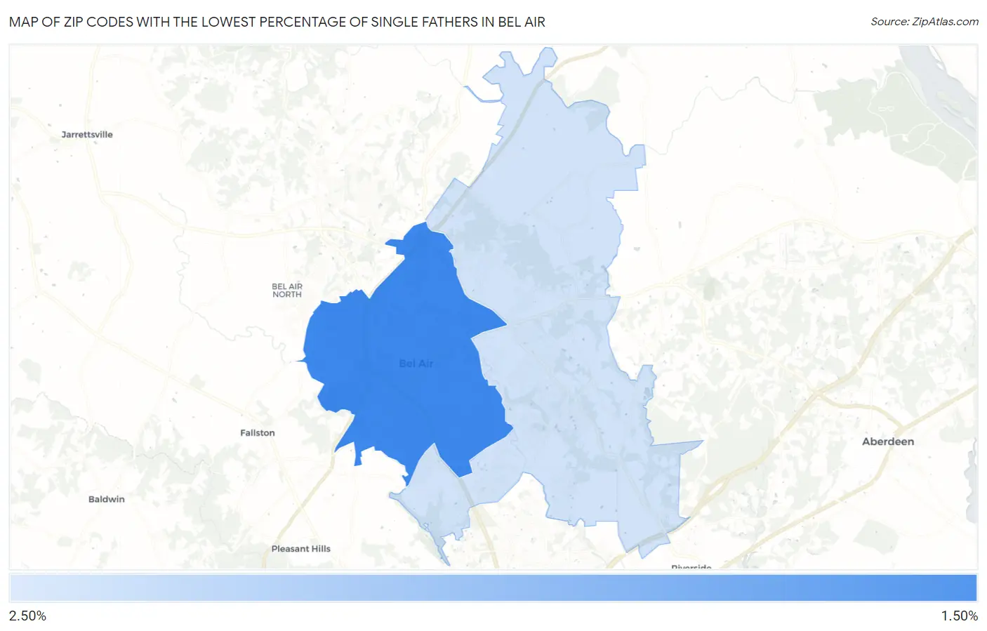 Zip Codes with the Lowest Percentage of Single Fathers in Bel Air Map
