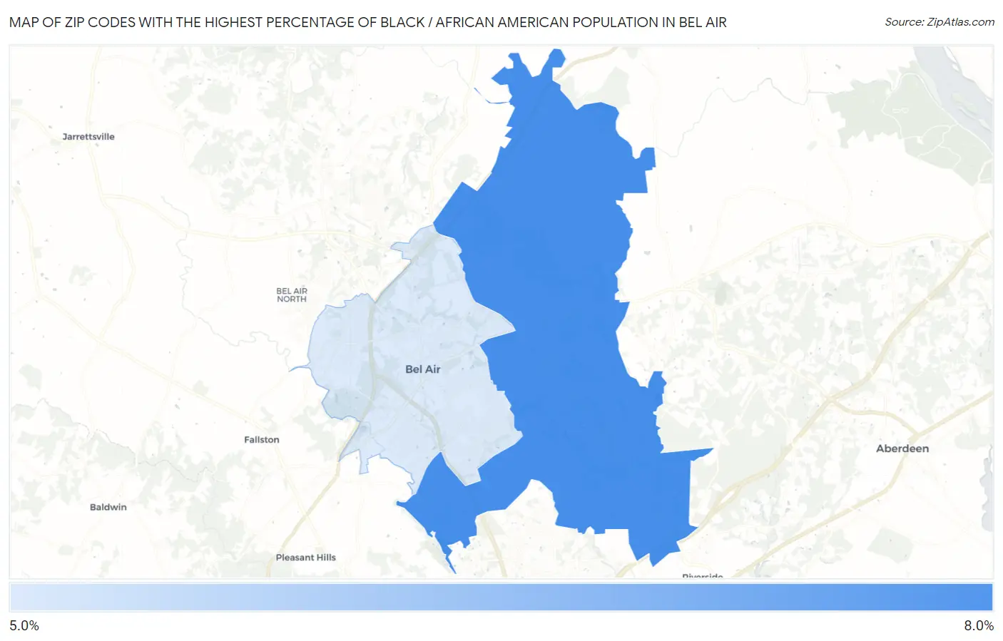 Zip Codes with the Highest Percentage of Black / African American Population in Bel Air Map