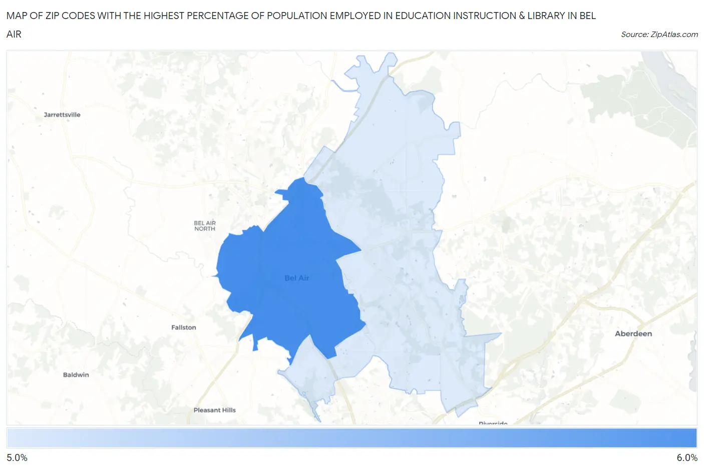 Zip Codes with the Highest Percentage of Population Employed in Education Instruction & Library in Bel Air Map