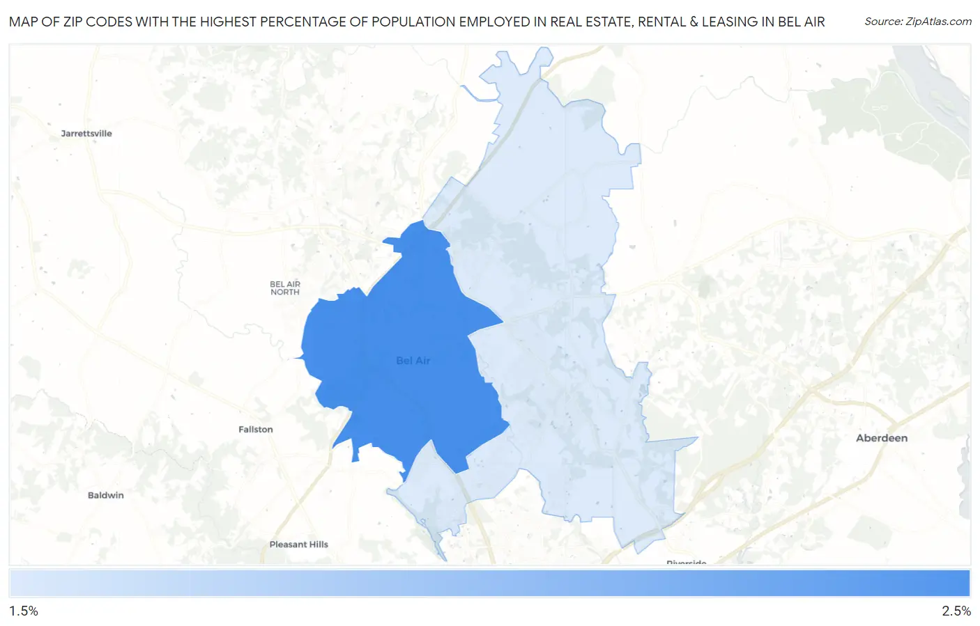 Zip Codes with the Highest Percentage of Population Employed in Real Estate, Rental & Leasing in Bel Air Map