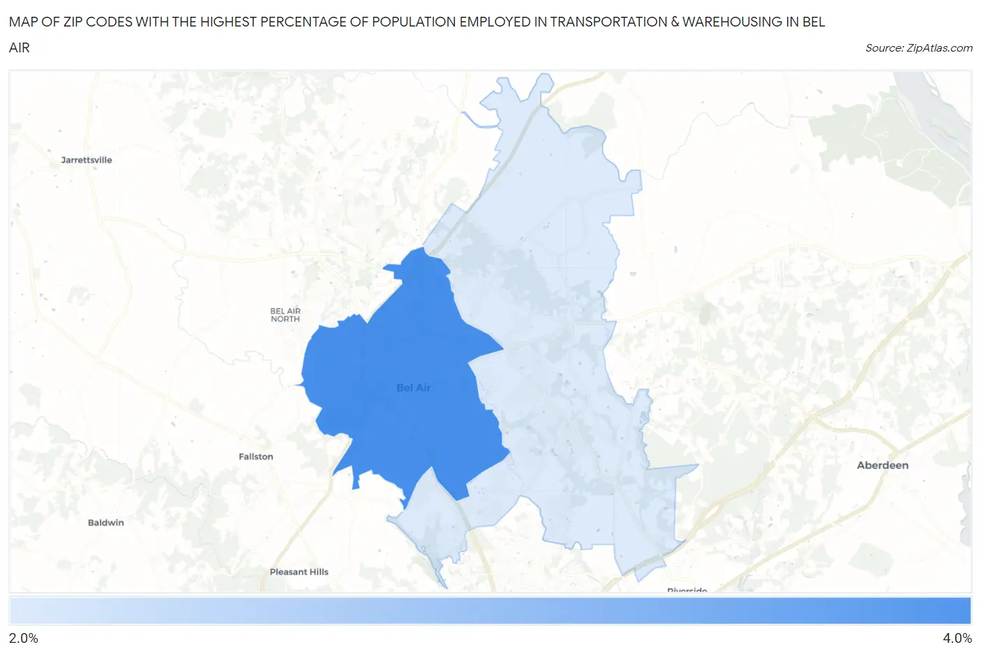 Zip Codes with the Highest Percentage of Population Employed in Transportation & Warehousing in Bel Air Map