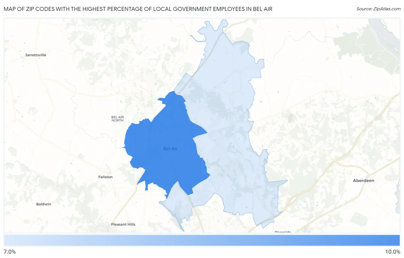 Zip Codes with the Highest Percentage of Local Government Employees in Bel Air Map