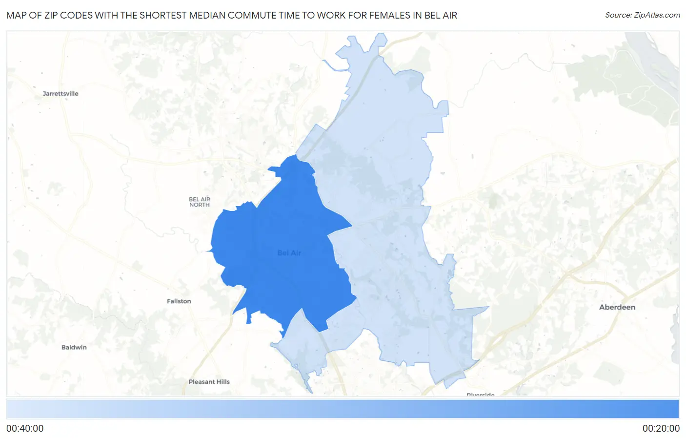 Zip Codes with the Shortest Median Commute Time to Work for Females in Bel Air Map