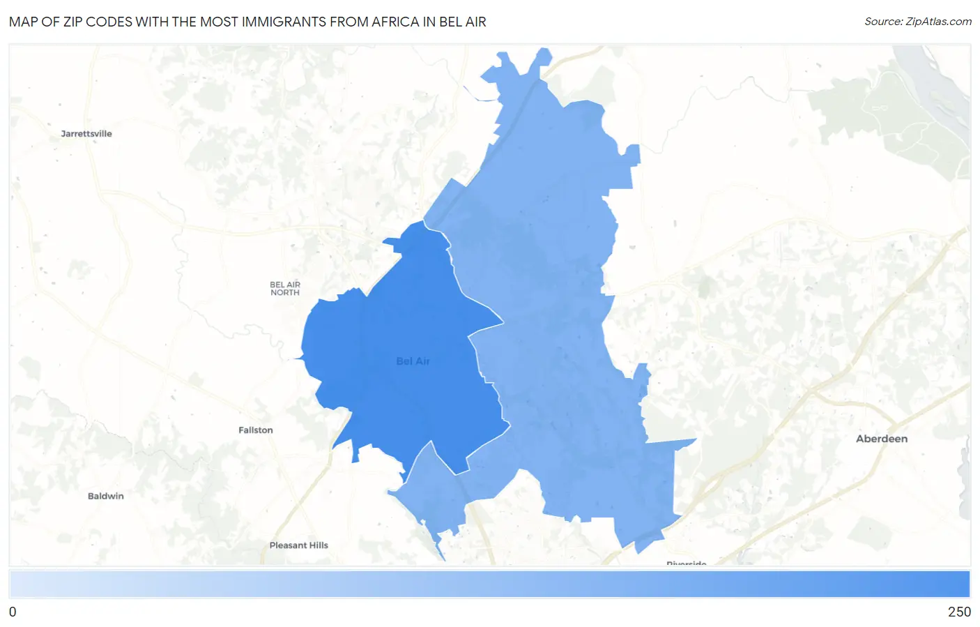 Zip Codes with the Most Immigrants from Africa in Bel Air Map
