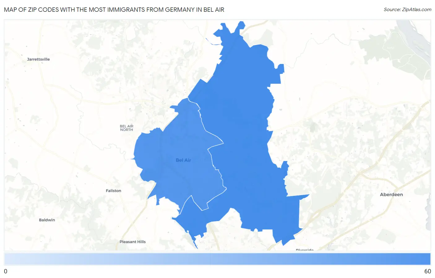 Zip Codes with the Most Immigrants from Germany in Bel Air Map