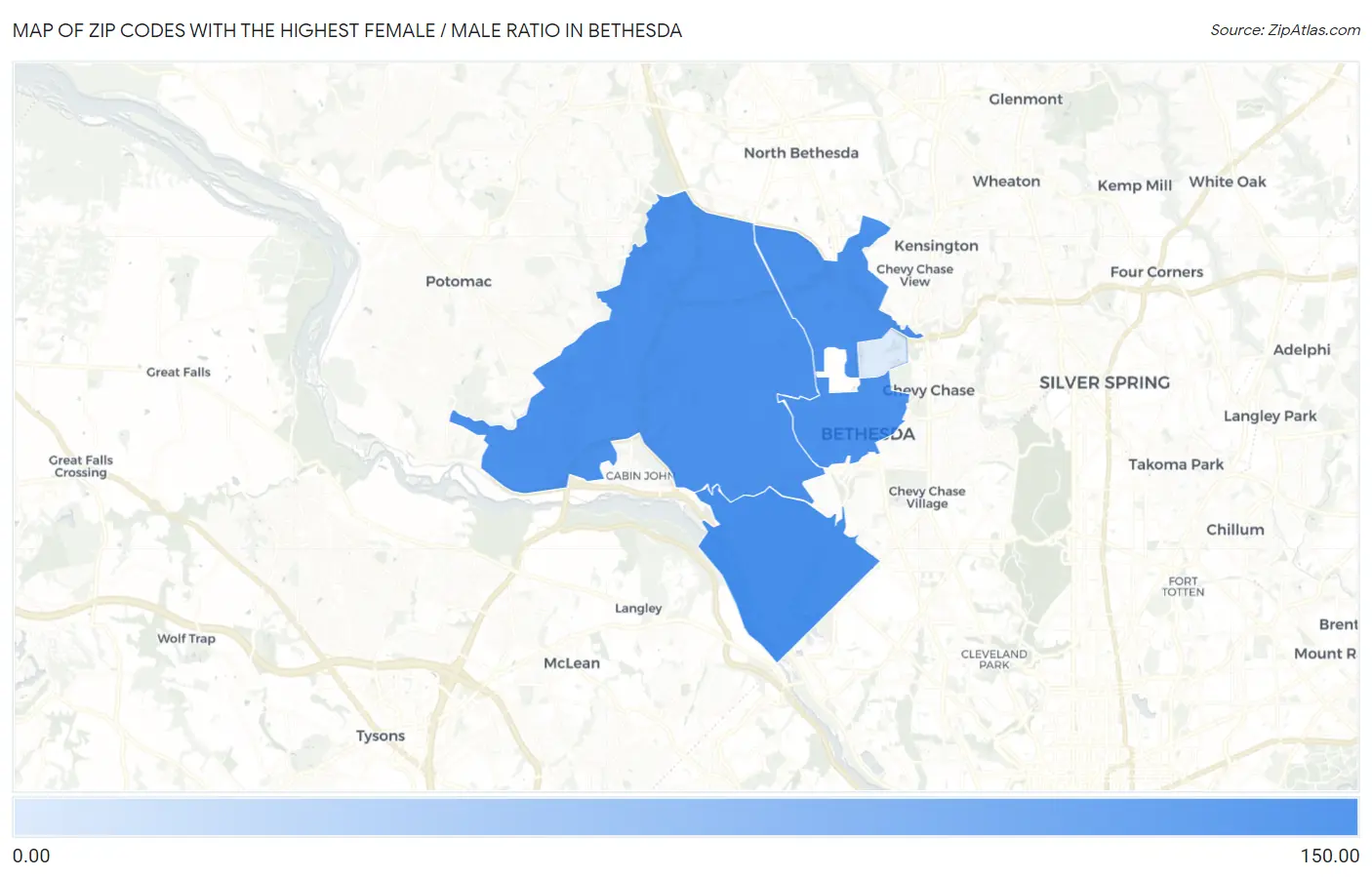 Zip Codes with the Highest Female / Male Ratio in Bethesda Map