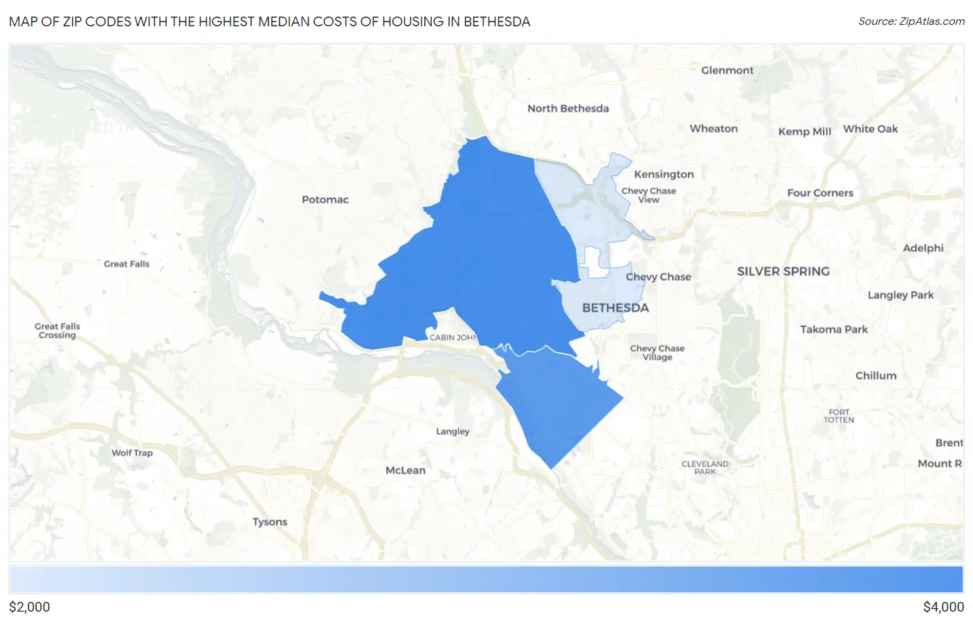 Zip Codes with the Highest Median Costs of Housing in Bethesda Map