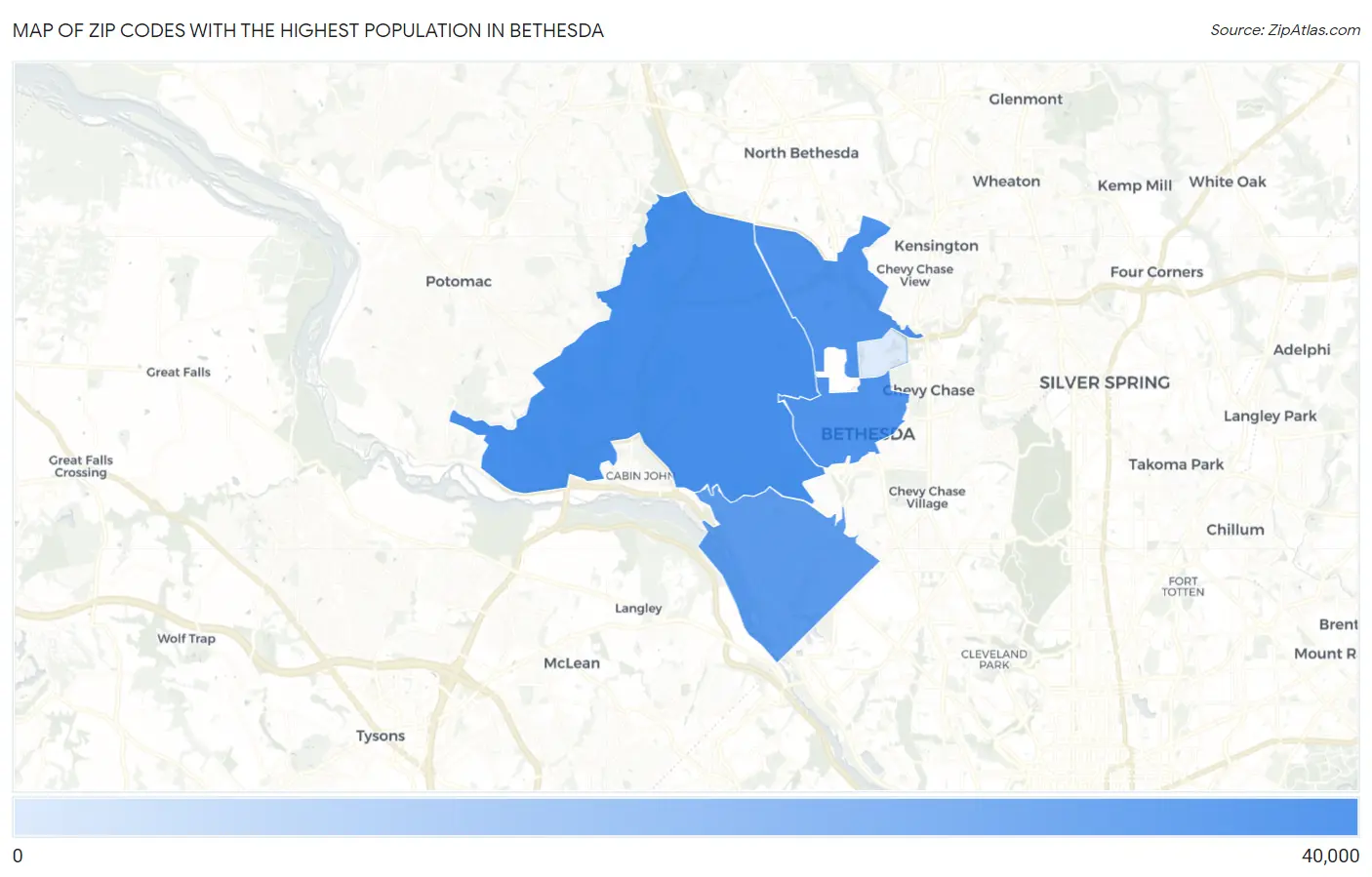 Zip Codes with the Highest Population in Bethesda Map