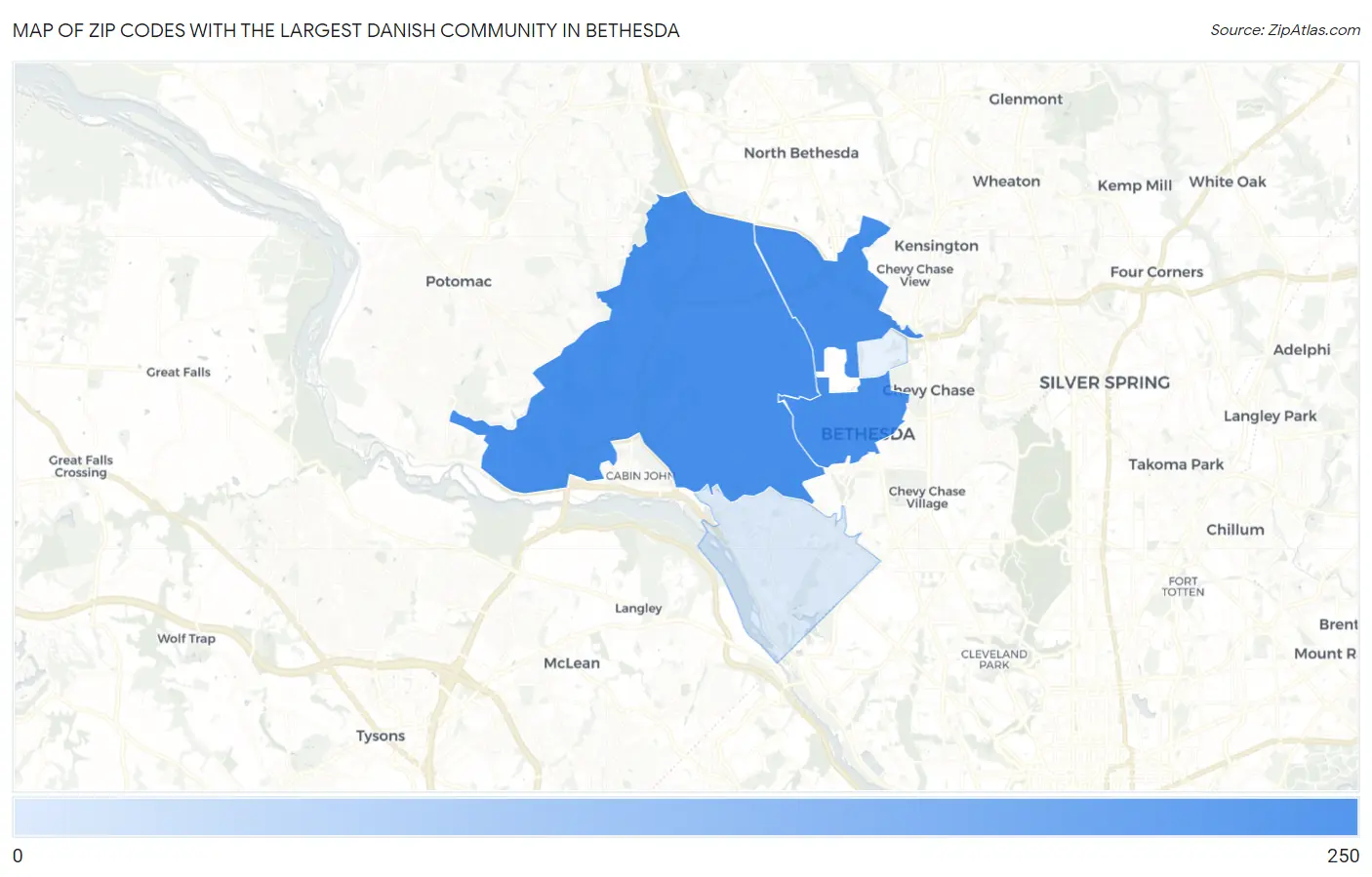 Zip Codes with the Largest Danish Community in Bethesda Map
