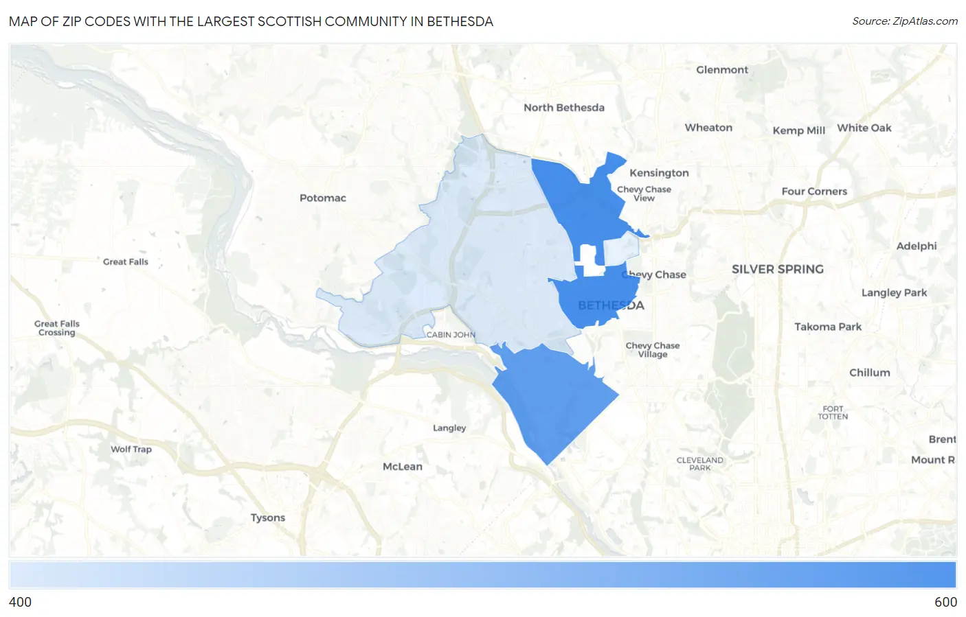 Zip Codes with the Largest Scottish Community in Bethesda Map