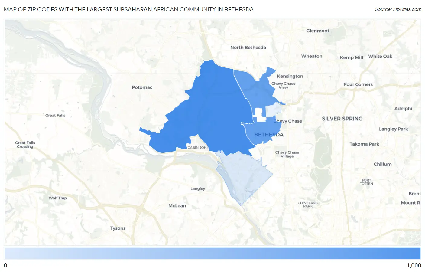 Zip Codes with the Largest Subsaharan African Community in Bethesda Map