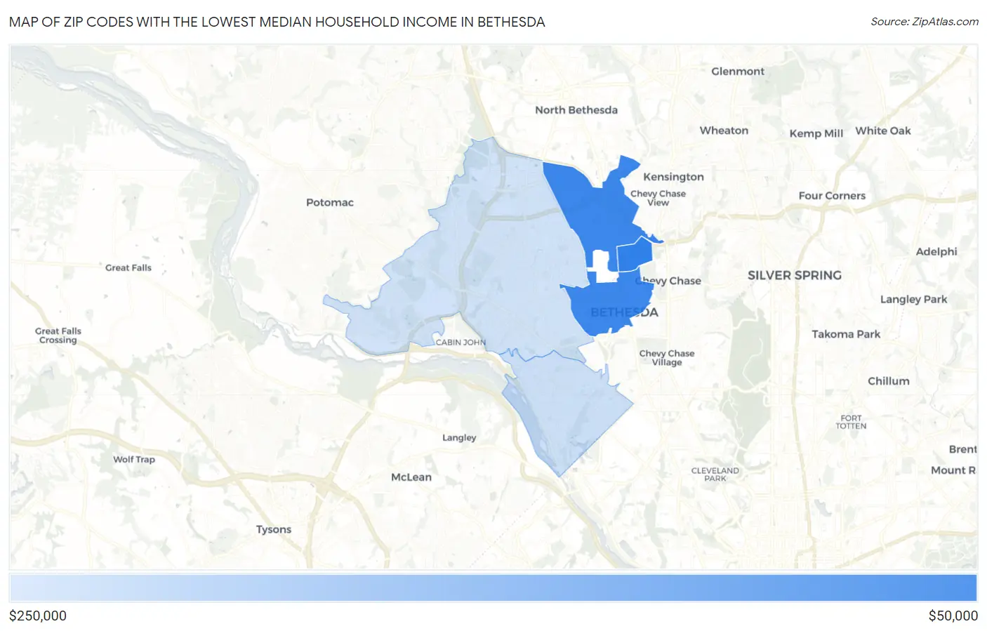 Zip Codes with the Lowest Median Household Income in Bethesda Map
