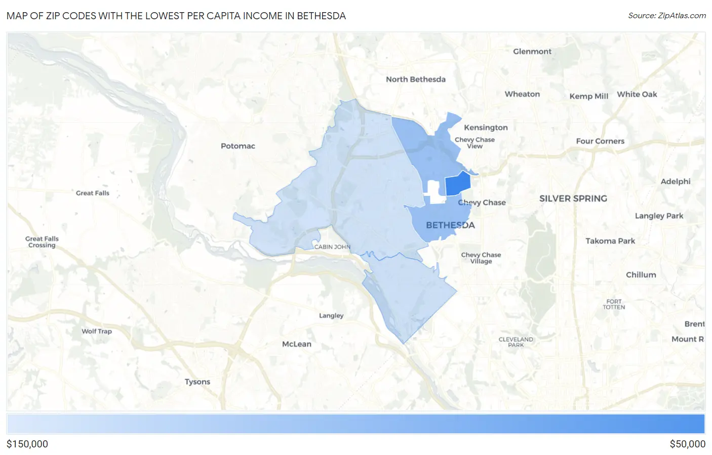 Zip Codes with the Lowest Per Capita Income in Bethesda Map