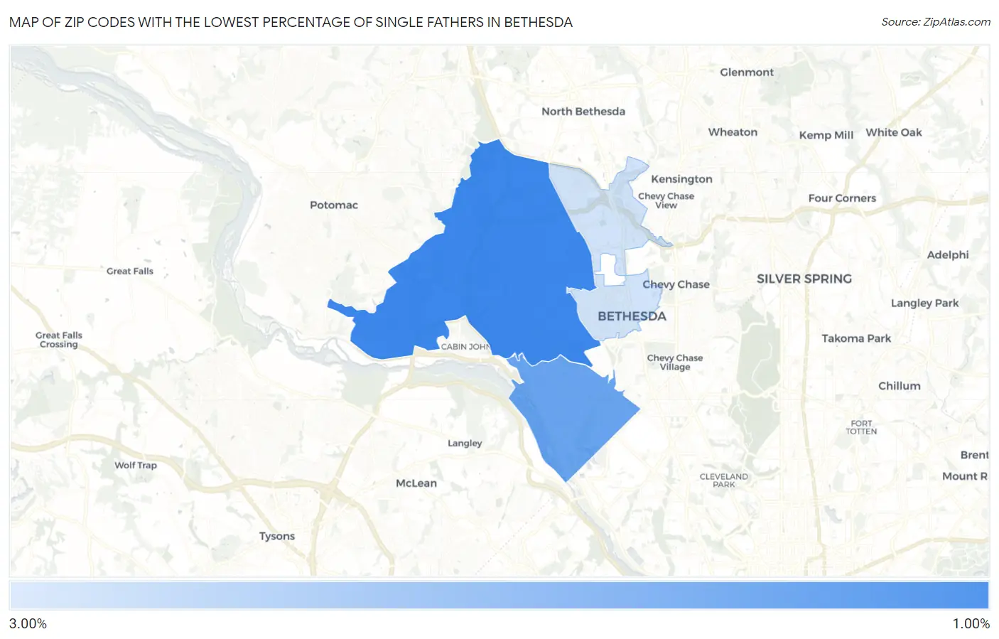 Zip Codes with the Lowest Percentage of Single Fathers in Bethesda Map