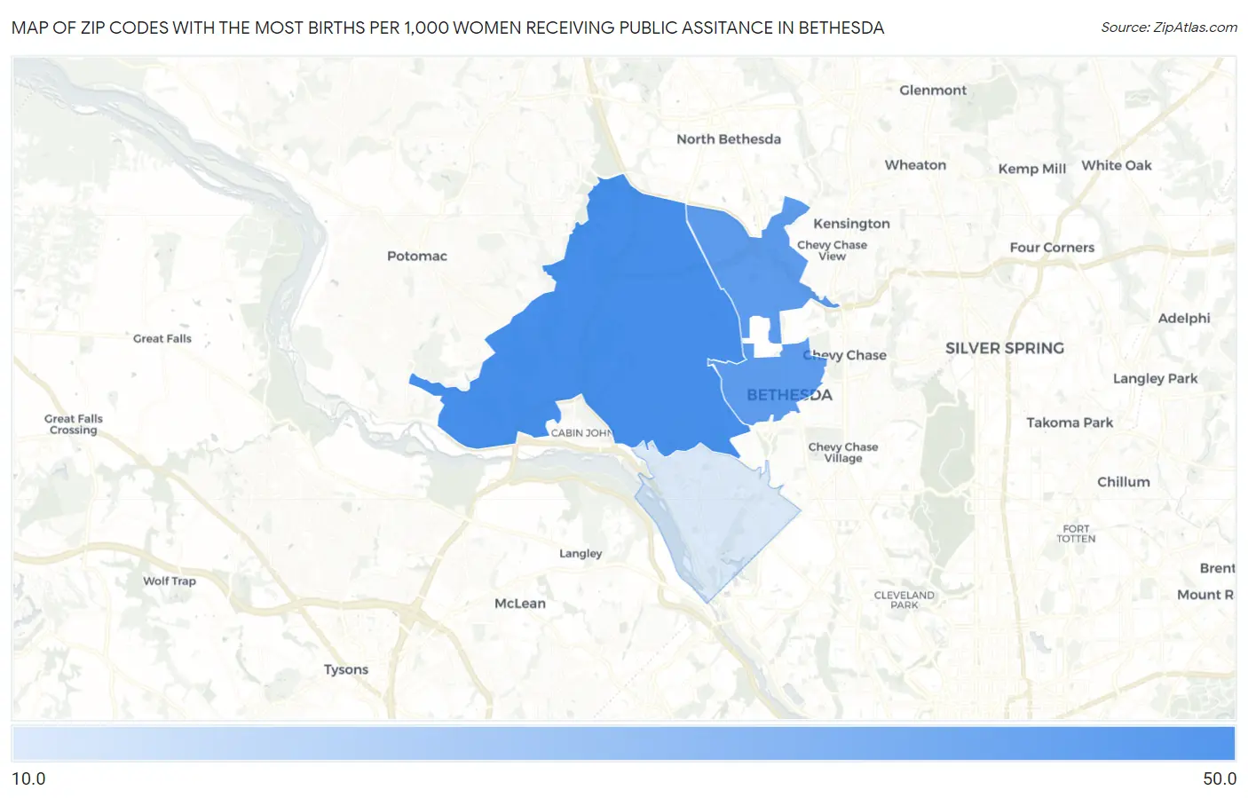 Zip Codes with the Most Births per 1,000 Women Receiving Public Assitance in Bethesda Map