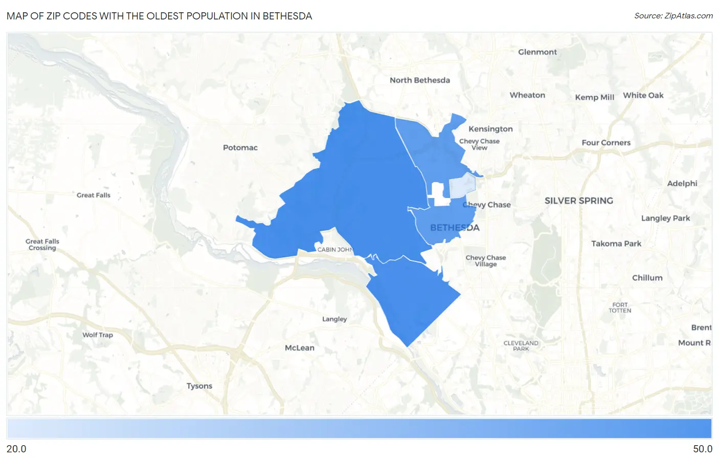 Zip Codes with the Oldest Population in Bethesda Map