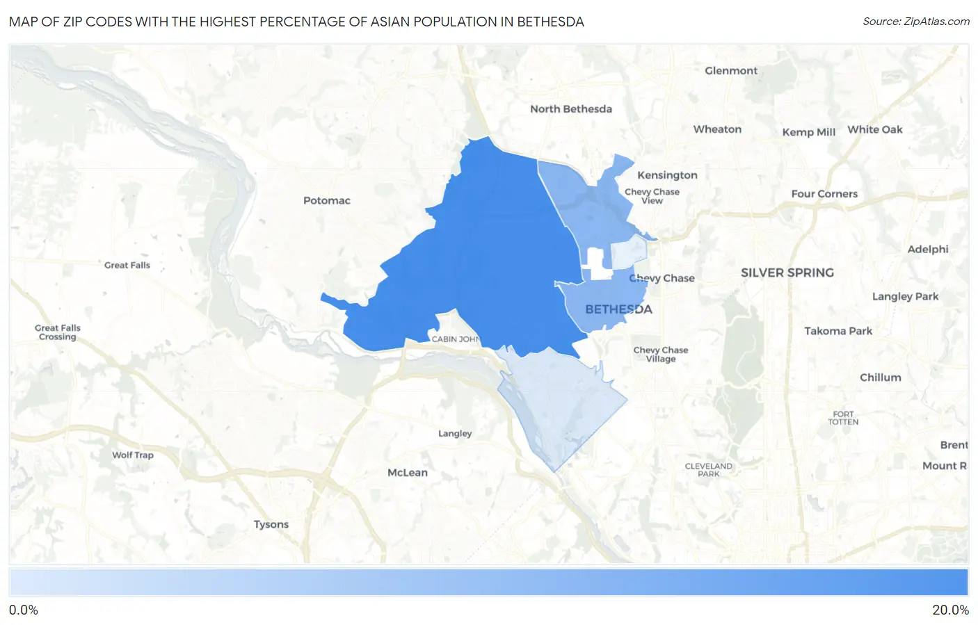 Zip Codes with the Highest Percentage of Asian Population in Bethesda Map
