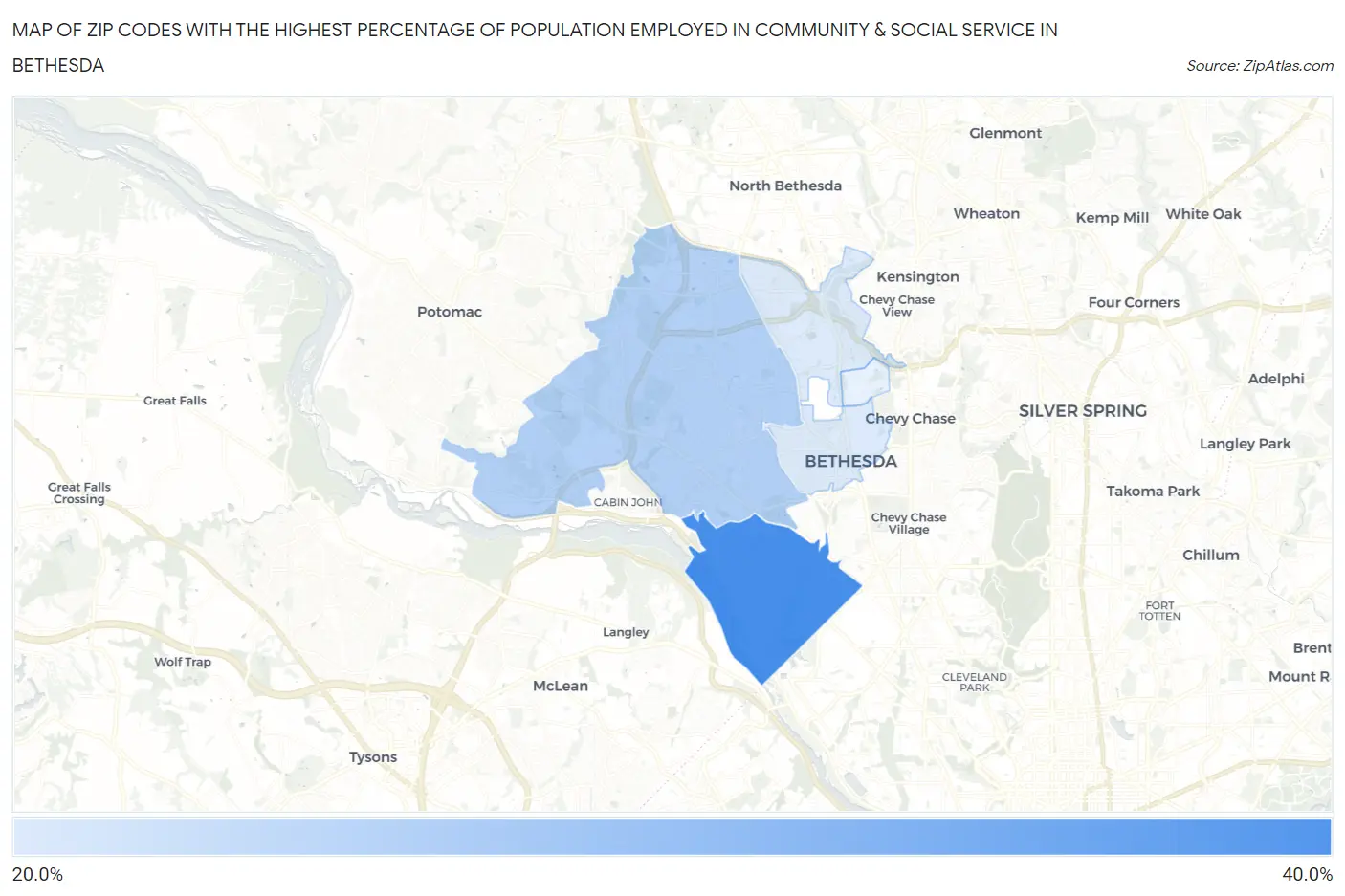 Zip Codes with the Highest Percentage of Population Employed in Community & Social Service  in Bethesda Map