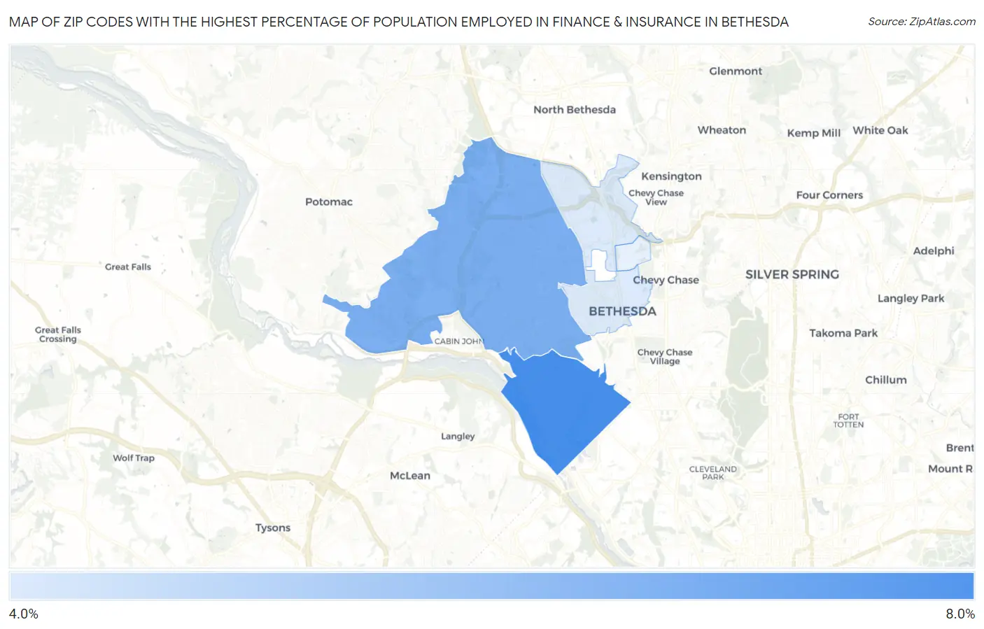 Zip Codes with the Highest Percentage of Population Employed in Finance & Insurance in Bethesda Map