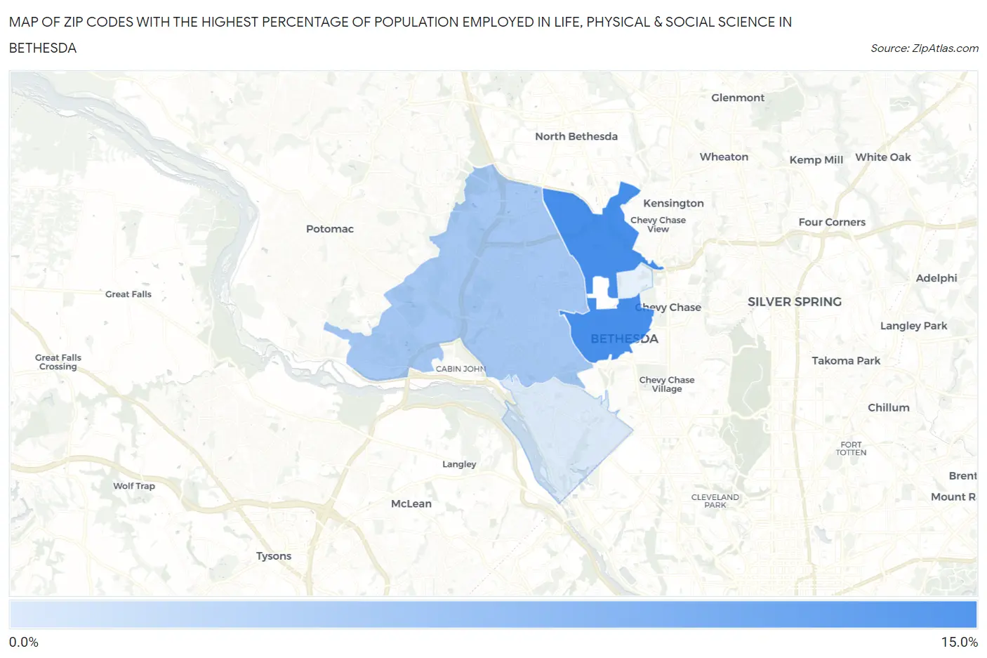 Zip Codes with the Highest Percentage of Population Employed in Life, Physical & Social Science in Bethesda Map