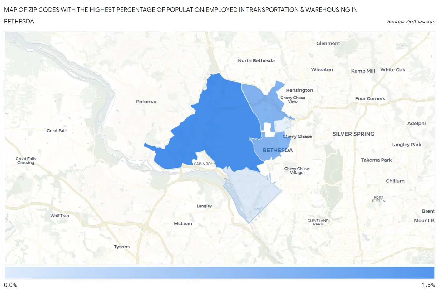 Zip Codes with the Highest Percentage of Population Employed in Transportation & Warehousing in Bethesda Map
