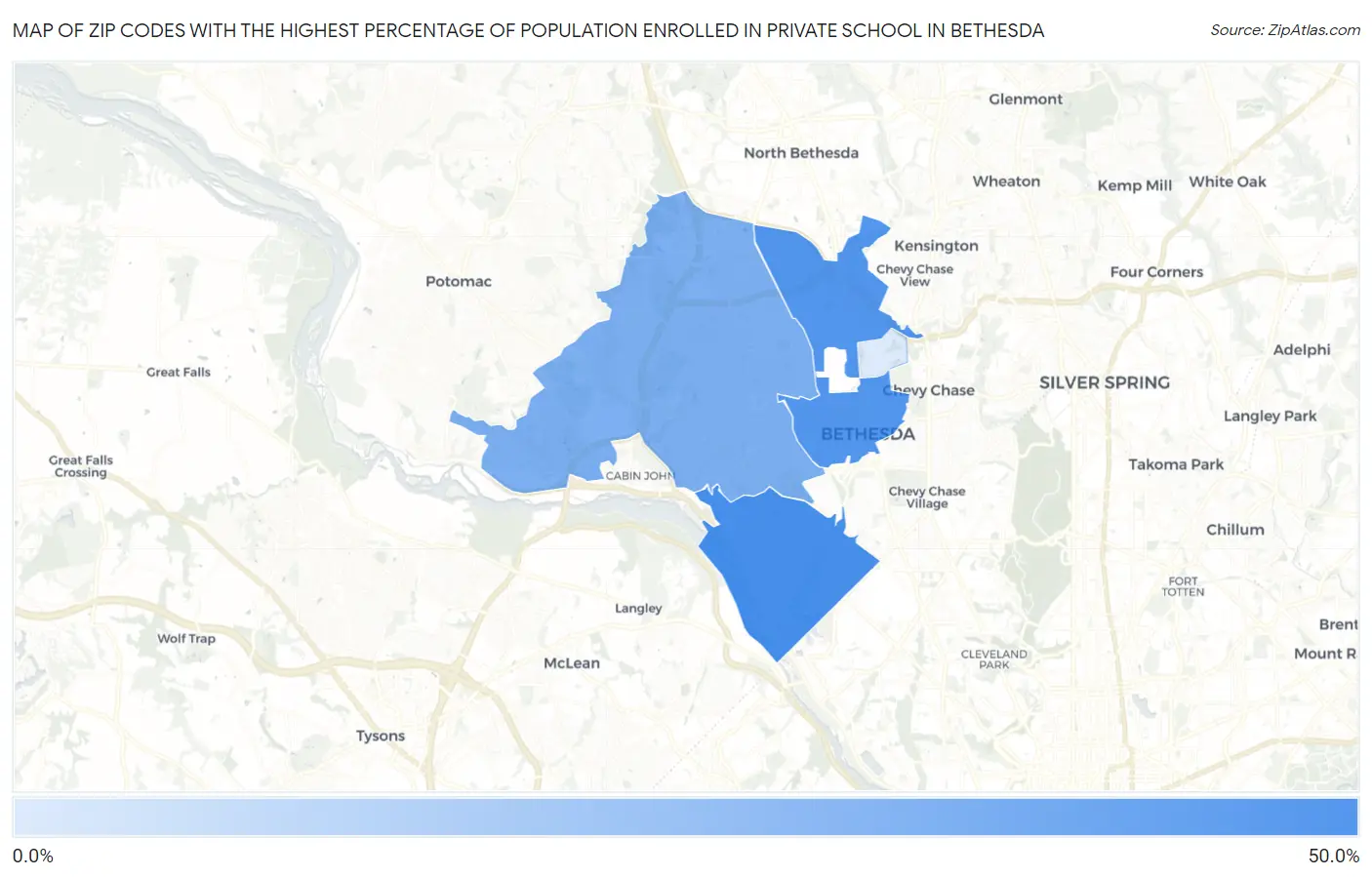 Zip Codes with the Highest Percentage of Population Enrolled in Private School in Bethesda Map