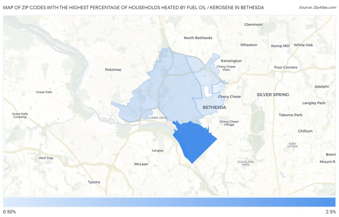 Zip Codes with the Highest Percentage of Households Heated by Fuel Oil / Kerosene in Bethesda Map