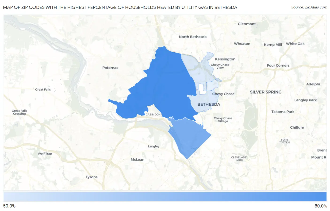 Zip Codes with the Highest Percentage of Households Heated by Utility Gas in Bethesda Map