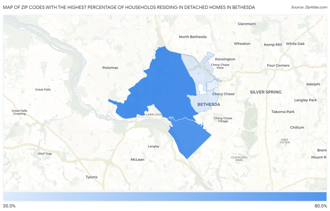Zip Codes with the Highest Percentage of Households Residing in Detached Homes in Bethesda Map