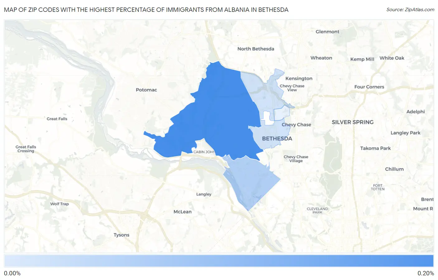 Zip Codes with the Highest Percentage of Immigrants from Albania in Bethesda Map