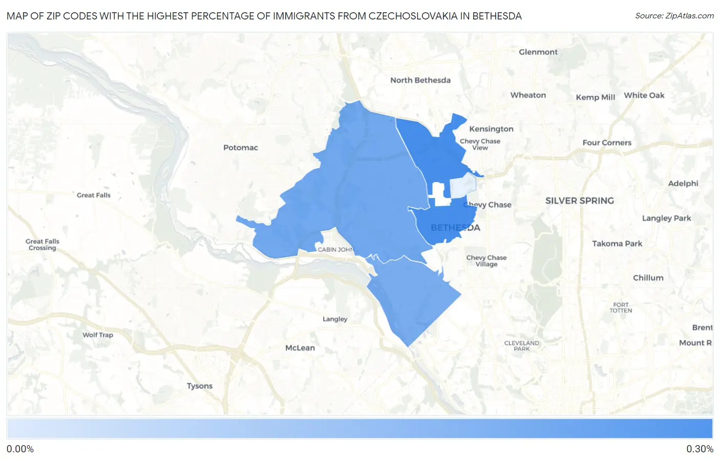 Zip Codes with the Highest Percentage of Immigrants from Czechoslovakia in Bethesda Map